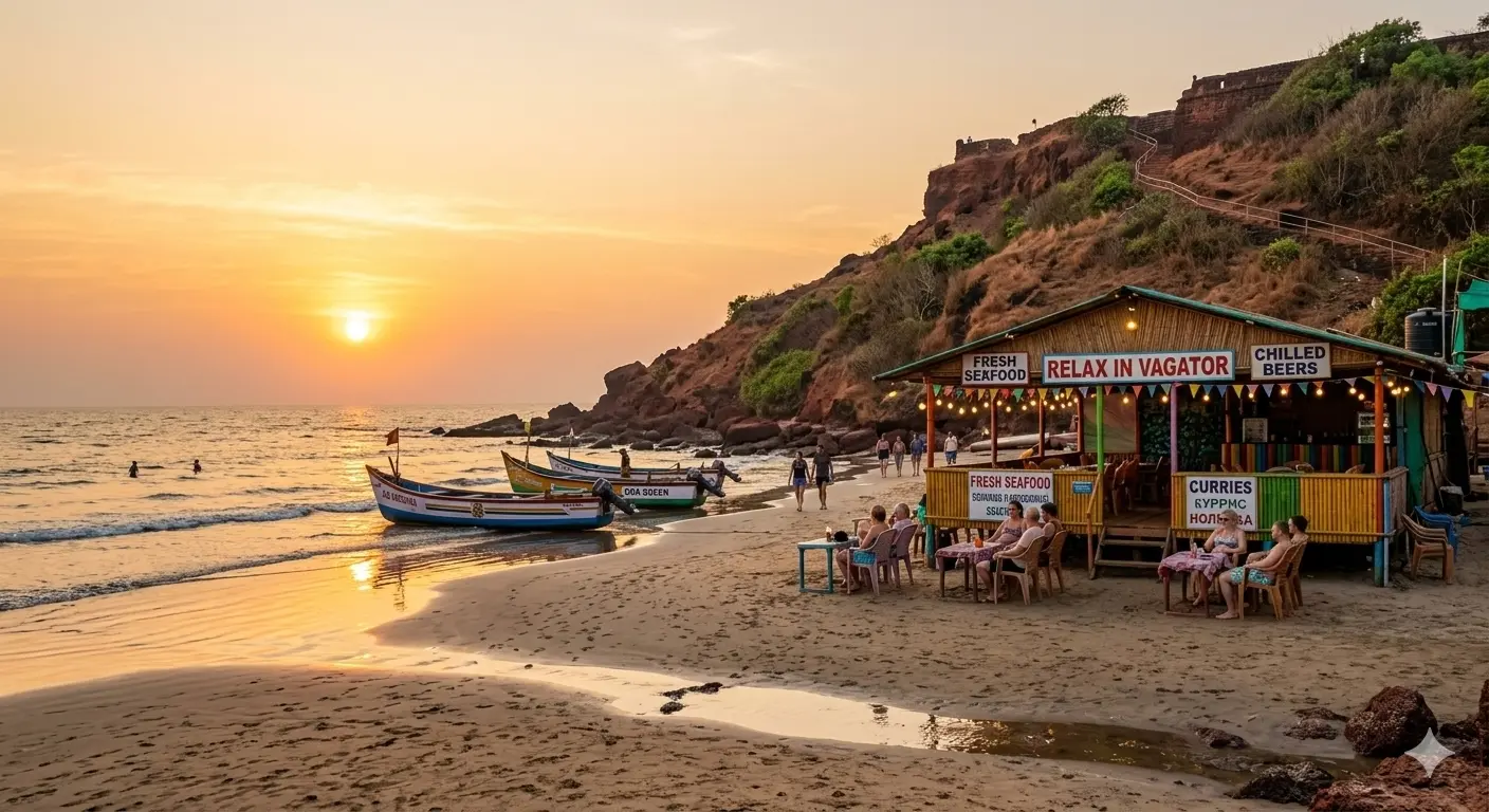 Vagator Beach in Goa at sunset with traditional boats and Chapora Fort red laterite cliffs