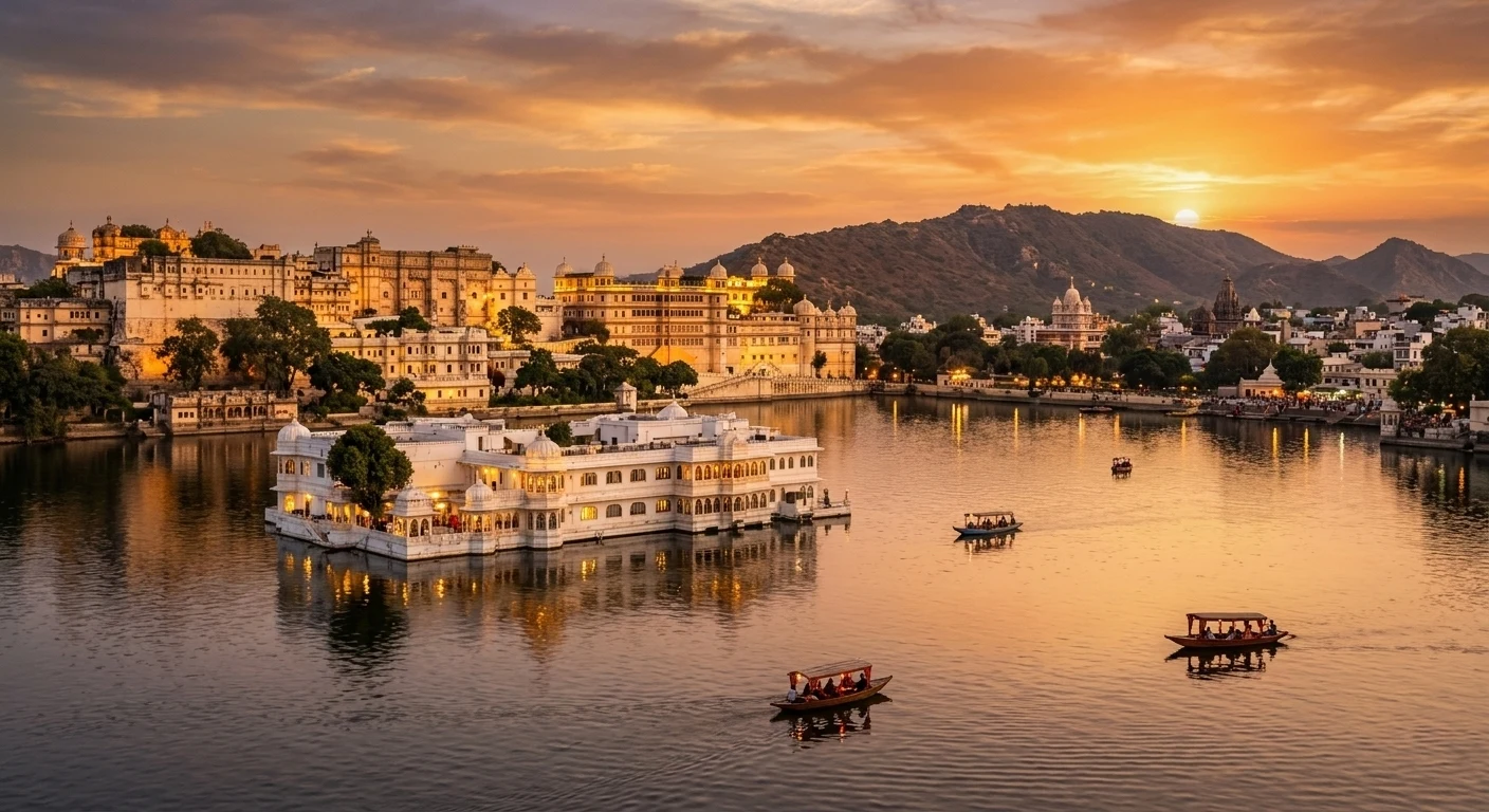 Luxury palace on Lake Pichola in Udaipur, Rajasthan at sunset
