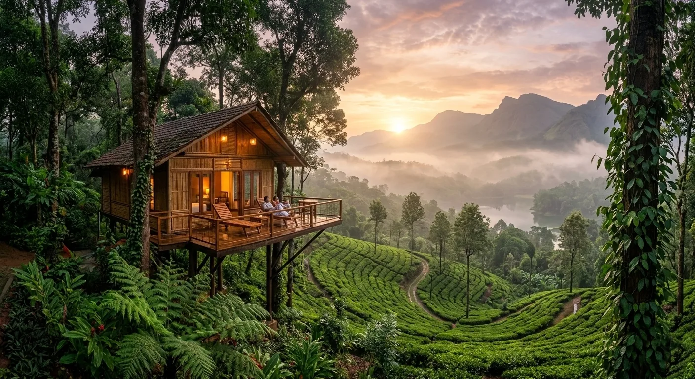 Luxury treehouse stay in Wayanad overlooking green tea plantations at sunrise